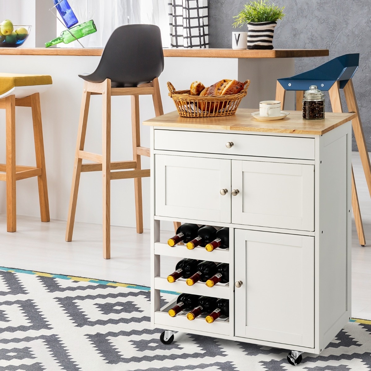Chariot de cuisine en bois avec 3 planches à vin