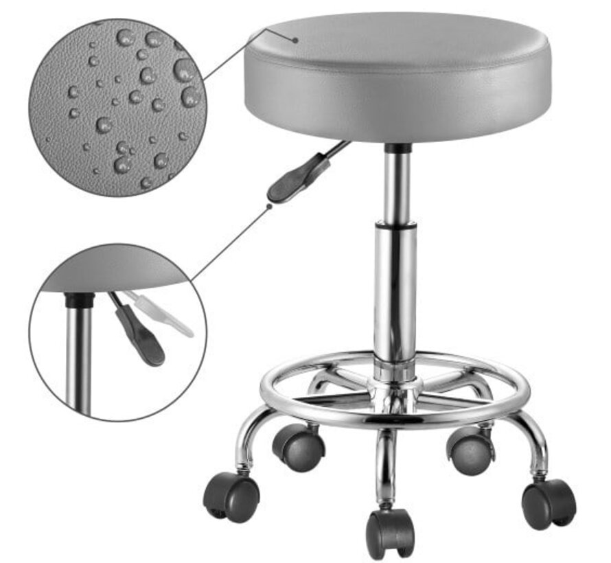 Tabouret de bureau Casaria - tabouret à roulettes - Hauteur Réglable - Rotation à 360° - Gris