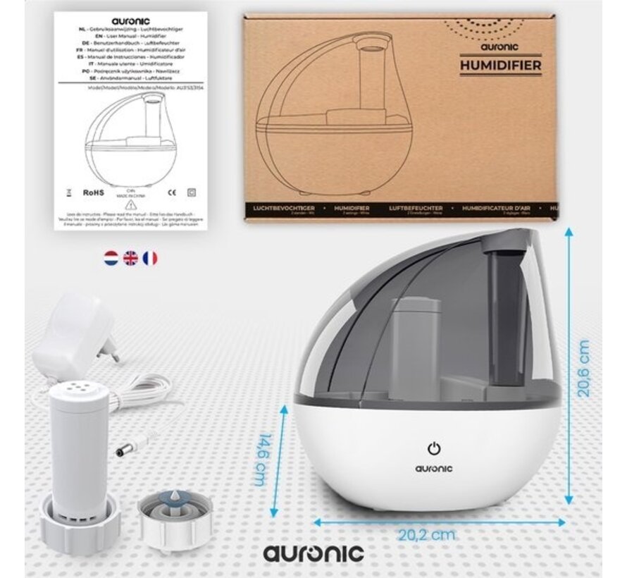 Auronic Humidificateur - Plusieurs Modes d'humidité - Diffuseur - chambre - Durable - Blanc - Filtre à eau inclus