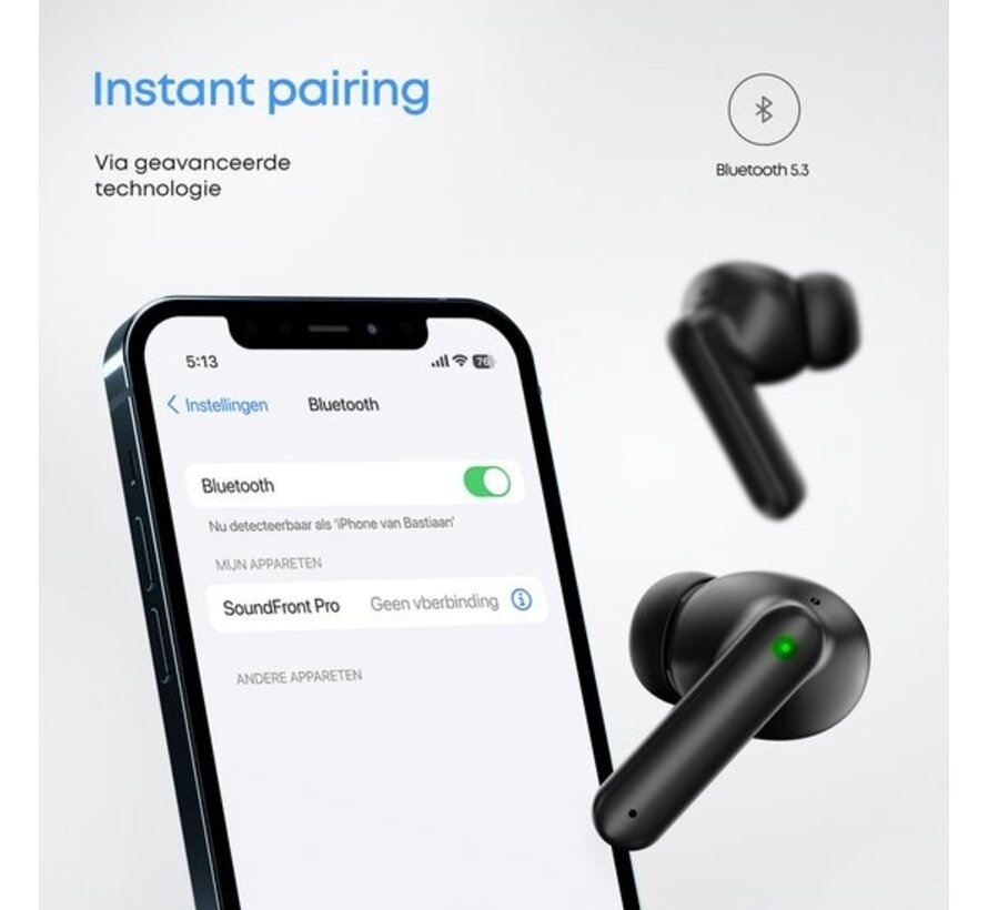 SoundFront Pro Wireless Earbuds - Ecouteurs Bluetooth - Earpods - Convient à Apple et Android - Noir