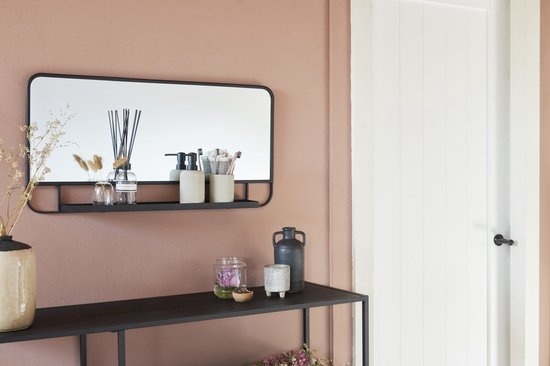 Lifa Living - Miroir rectangulaire - avec support - Noir - Métal - Industriel - Support mural avec miroir - 40 x 80 x 9 cm