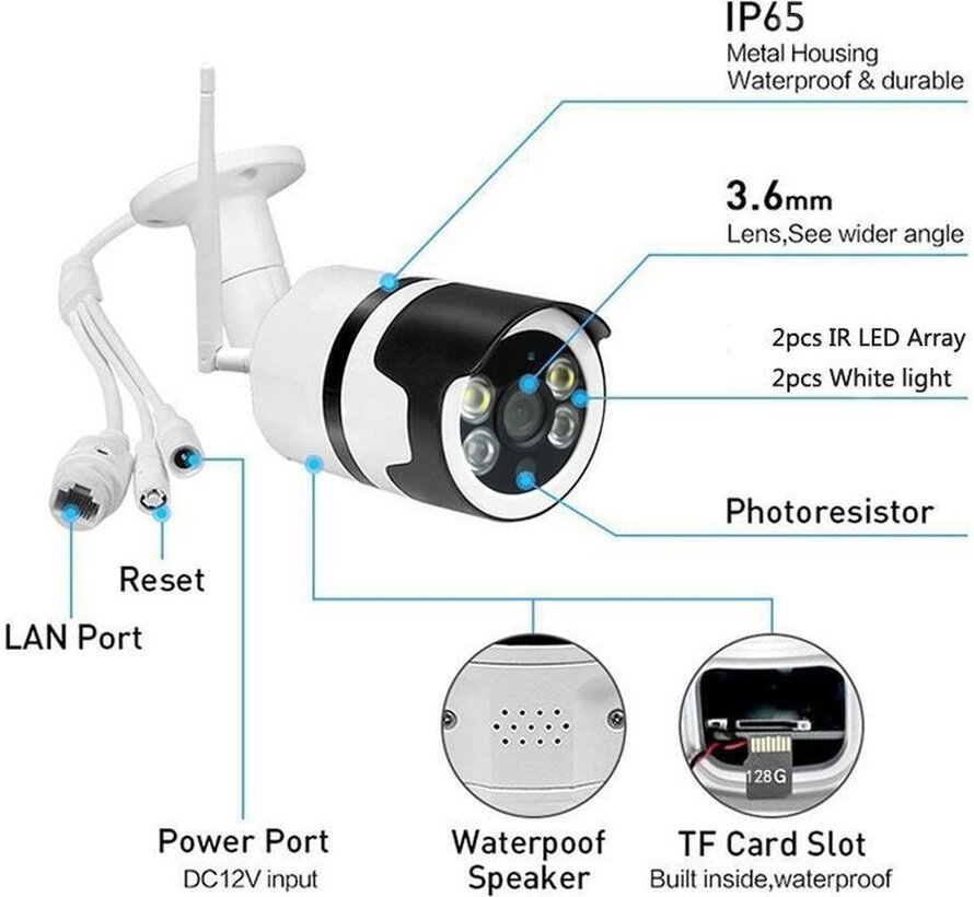 Caméra IP Denver Full HD Smart WLAN avec boîtier métallique anti-éclaboussures, détecteur de mouvement, vision nocturne