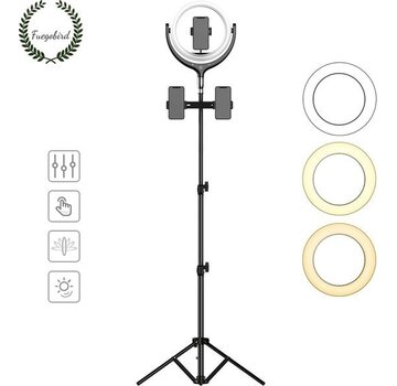 Fuegobird Fuegobird Lampe annulaire LED avec trépied et support de téléphone - 30 cm - 200 cm de haut (réglable) - USB - TikTok - Ringlight - flash - Lampe annulaire - Vlog - Lumière de maquillage - Lampe de studio (Noir)