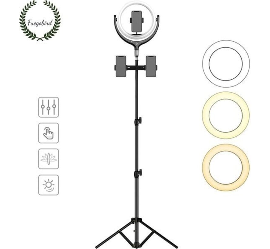 Fuegobird Lampe annulaire LED avec trépied et support de téléphone - 30 cm - 200 cm de haut (réglable) - USB - TikTok - Ringlight - flash - Lampe annulaire - Vlog - Lumière de maquillage - Lampe de studio (Noir)