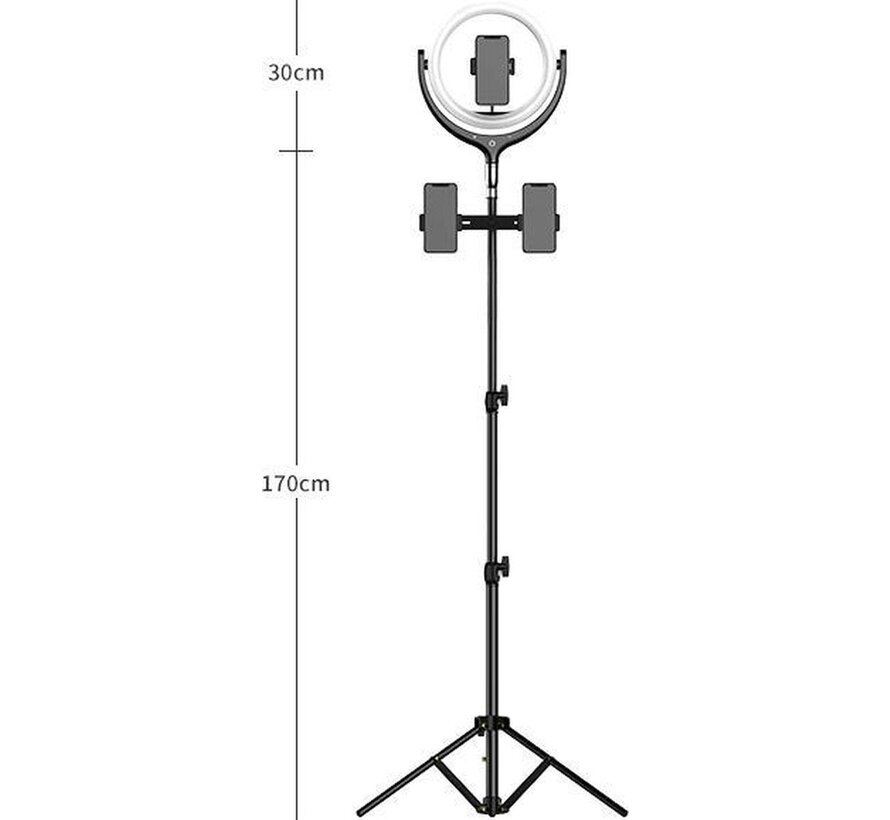 Fuegobird Lampe annulaire LED avec trépied et support de téléphone - 30 cm - 200 cm de haut (réglable) - USB - TikTok - Ringlight - flash - Lampe annulaire - Vlog - Lumière de maquillage - Lampe de studio (Noir)