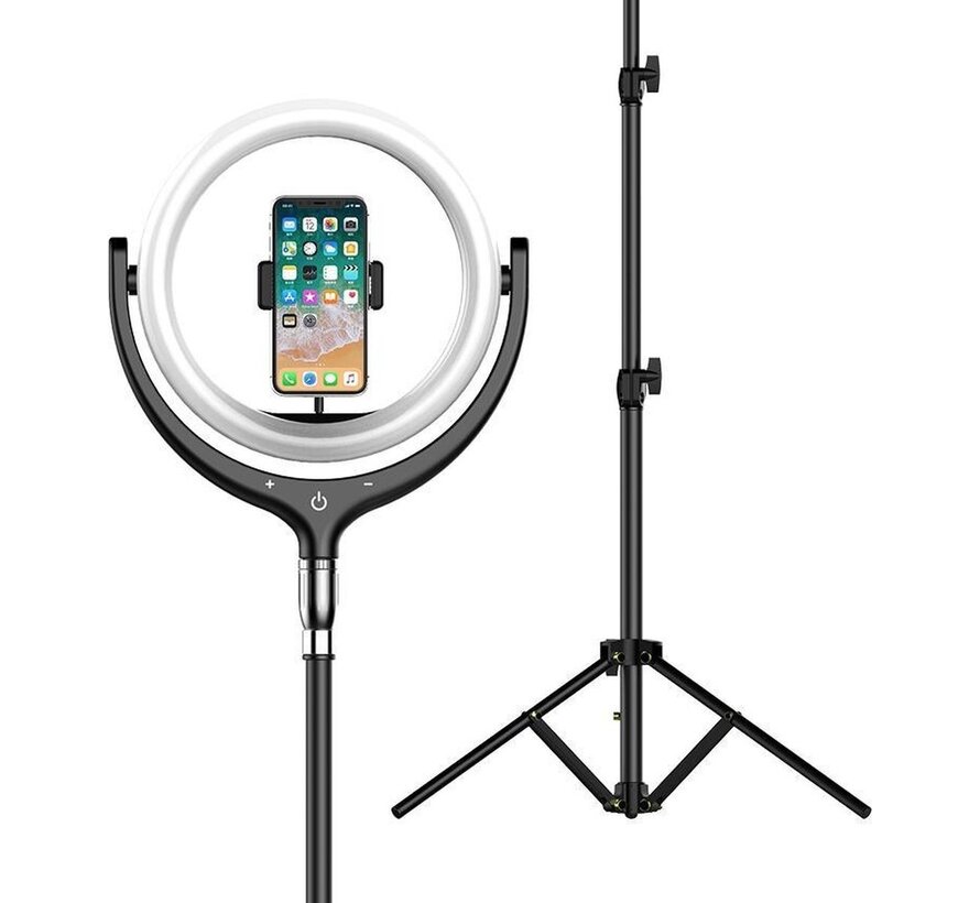 Fuegobird Lampe annulaire LED avec trépied et support de téléphone - 30 cm - 200 cm de haut (réglable) - USB - TikTok - Ringlight - flash - Lampe annulaire - Vlog - Lumière de maquillage - Lampe de studio (Noir)