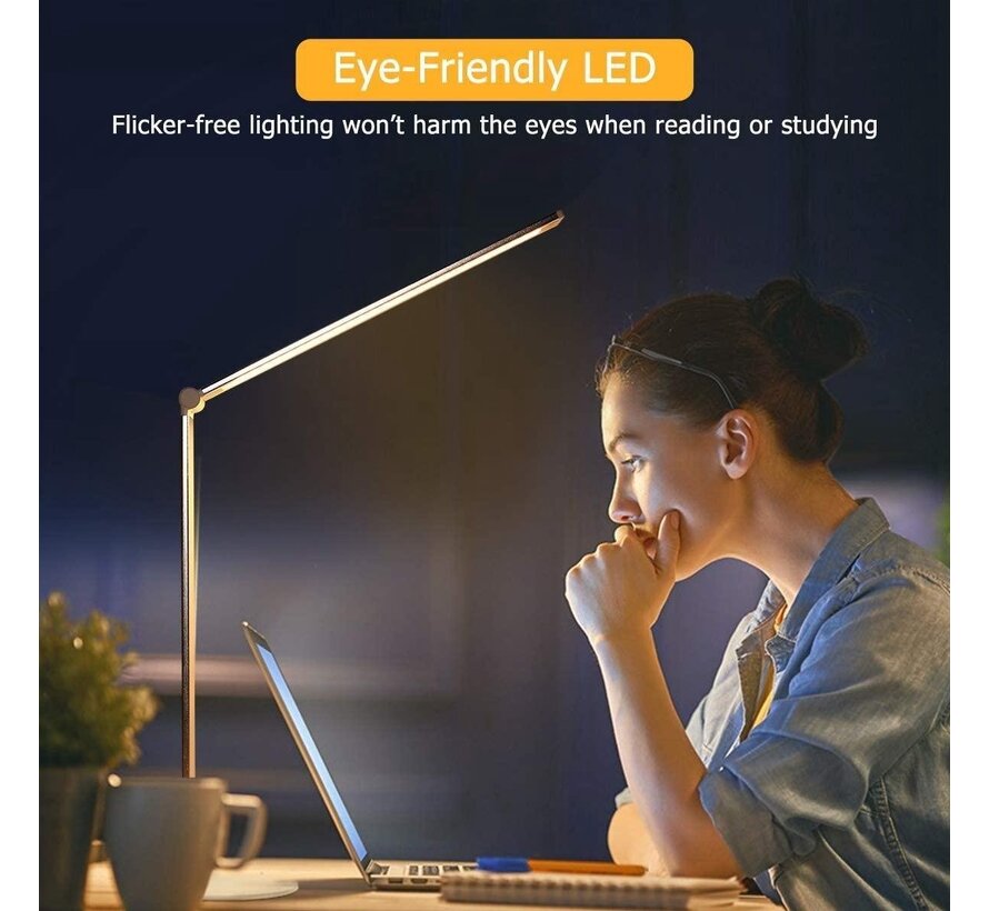 Lampe de bureau LED - Filaire - Chargement sans fil pour téléphone - Dimmable - Pliable - Smart Touch - Technologie Qi - Blanc
