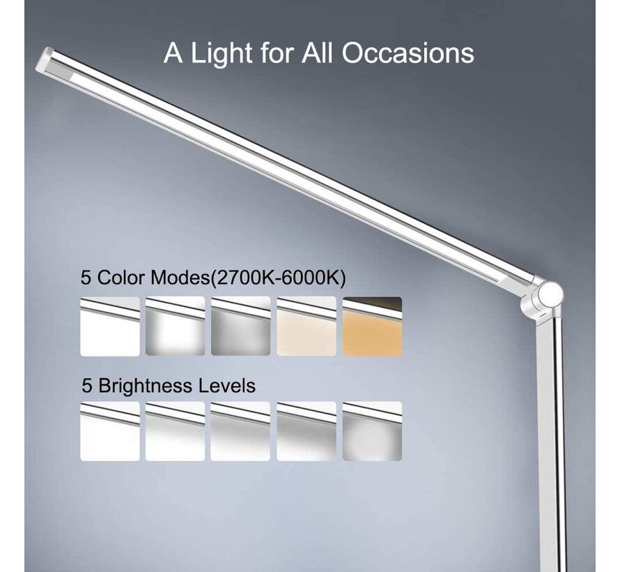Lampe de bureau LED - Filaire - Chargement sans fil pour téléphone - Dimmable - Pliable - Smart Touch - Technologie Qi - Blanc