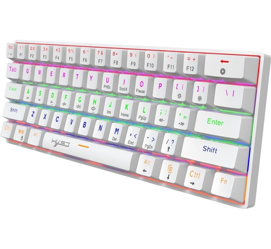HXSJ V900 - Wired Mechanical Gaming Keyboard - RGB Lighting - Ergonomic - QWERTY - 61 Keys - Blue Switch - White