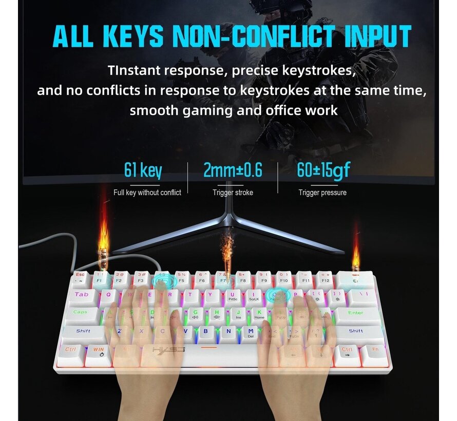 HXSJ V900 - Wired Mechanical Gaming Keyboard - RGB Lighting - Ergonomic - QWERTY - 61 Keys - Blue Switch - White