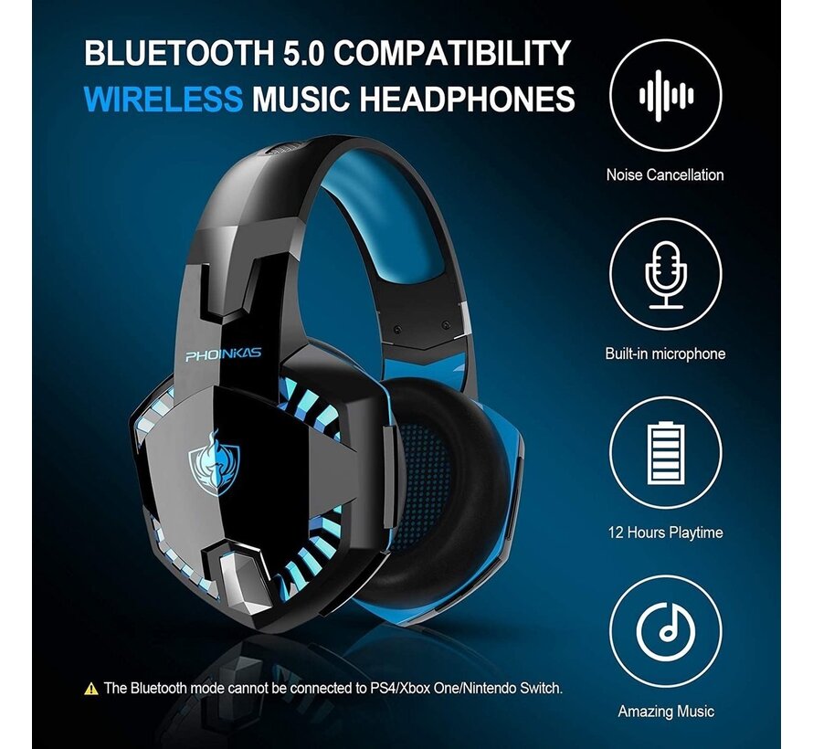 Casque gaming PHOINIKAS G2000 - Bluetooth - avec microphone - Noir/bleu