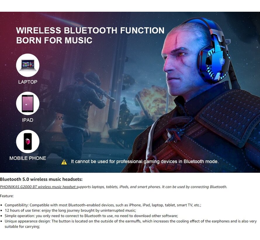 Casque gaming PHOINIKAS G2000 - Bluetooth - avec microphone - Noir/bleu