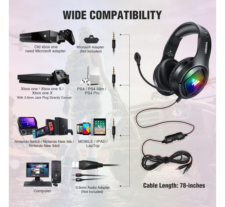 Casque de jeu WINTORY M1 RGB - PS4, Xbox One et ordinateurs portables - Noir