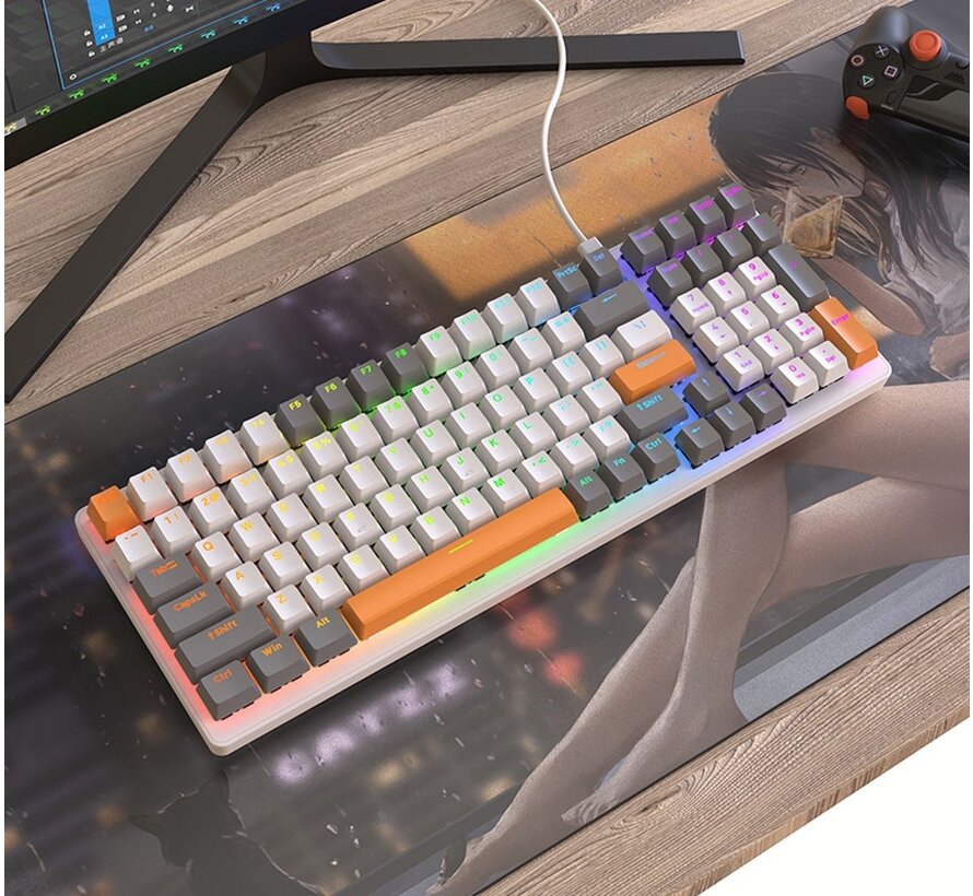 Fuegobird K3 Mechanical Gaming Keyboard - 100keys - Red Switch - QWERTY - Mechanical RGB Backlight Keyboard - White/Orange