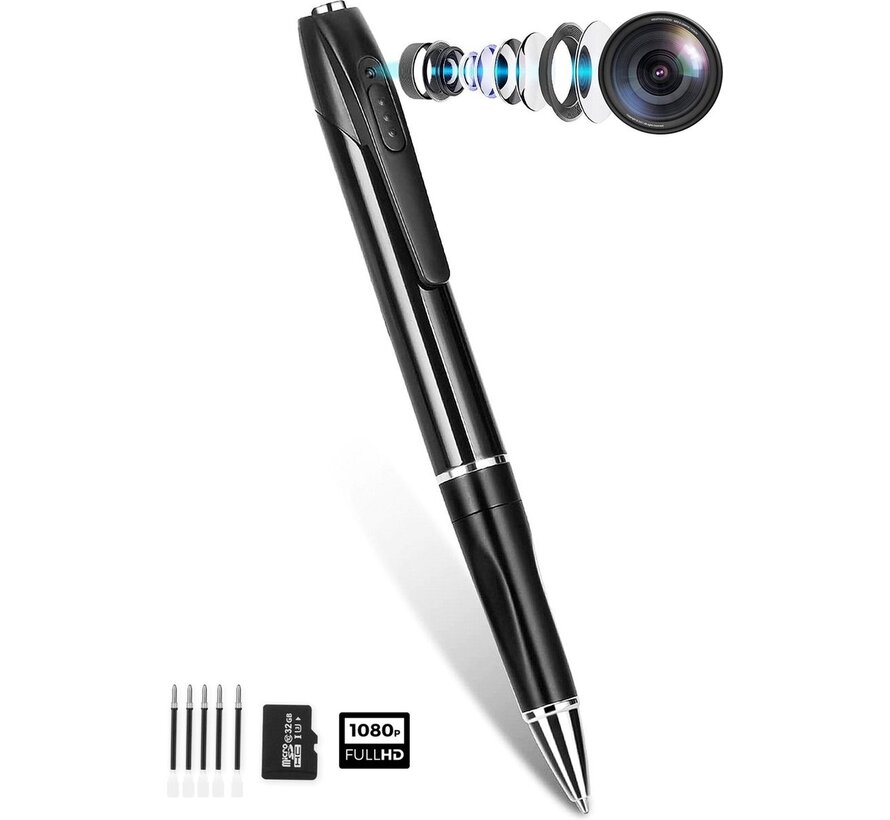 Stylo caméra espion - Caméra cachée - Mini caméra - Sécurité - Détection de mouvement - FULL HD 1080P - Avec carte SD 32 GB