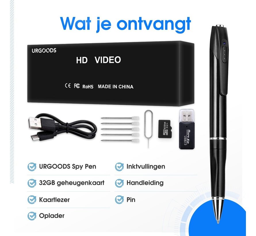 Stylo caméra espion - Caméra cachée - Mini caméra - Sécurité - Détection de mouvement - FULL HD 1080P - Avec carte SD 32 GB