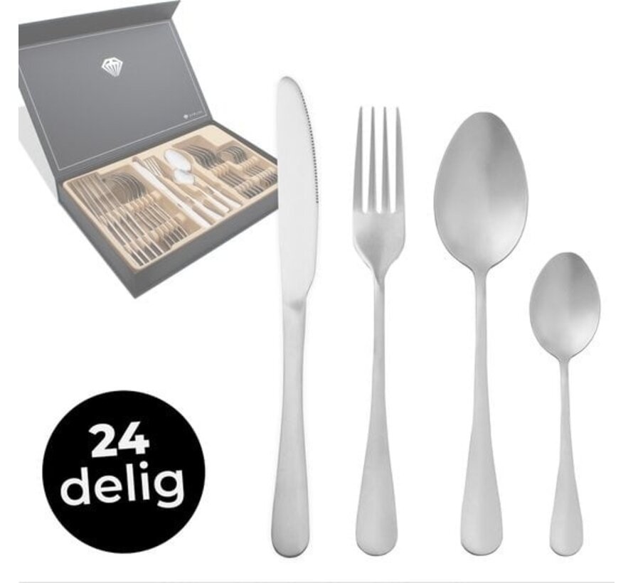 Dymund® Set de couverts - 6 Person Cutlery - (24 pcs) - Shiny Cutlery Sets - Incl. Cutlery tray - Stainless steel - Silver