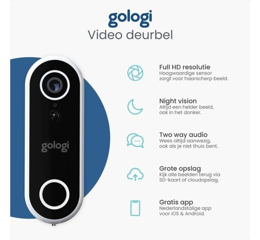 Sonnette sans filextérieur étanche Gologi - Sonnette vidéo HD - Avec caméra et Wifi - Gong inclus - Application en néerlandais - Étanche - Blanc