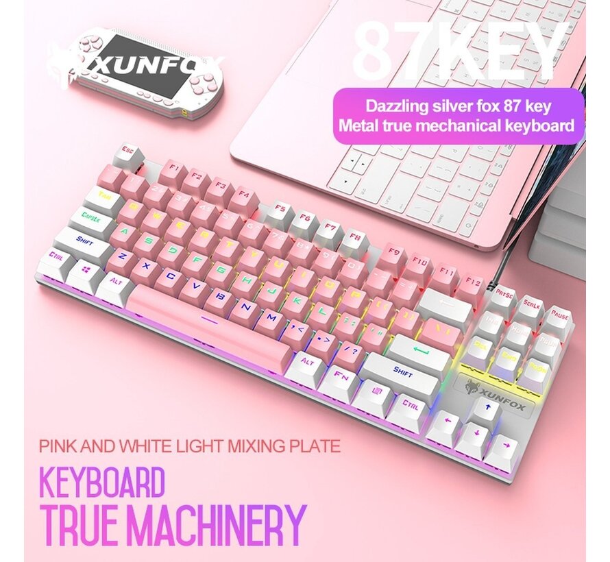XUNFOX K80 RGB clavier de jeu mécanique 87 touches TKL - clavier de jeu Windows/Mac - interrupteur bleu - Clavier mécanique - QWERTY - claviers de jeu anti-ghosting - Rose/Blanc