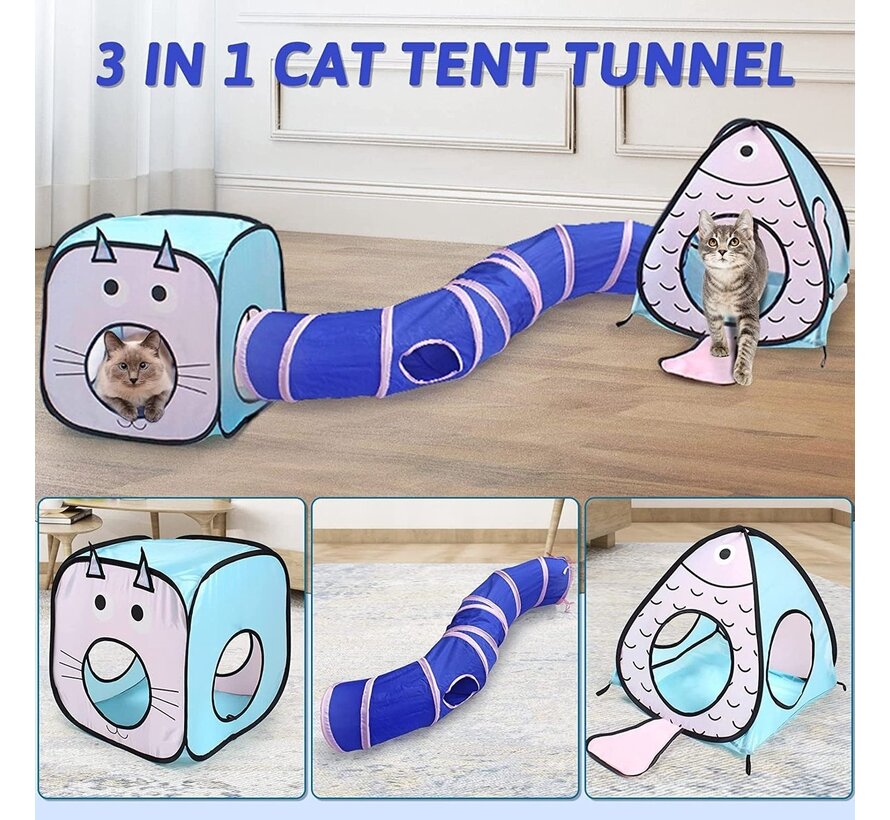 Fuegobird Cat Tunnel - Tente+Tunnel 3 en 1 - Bleu/Rose