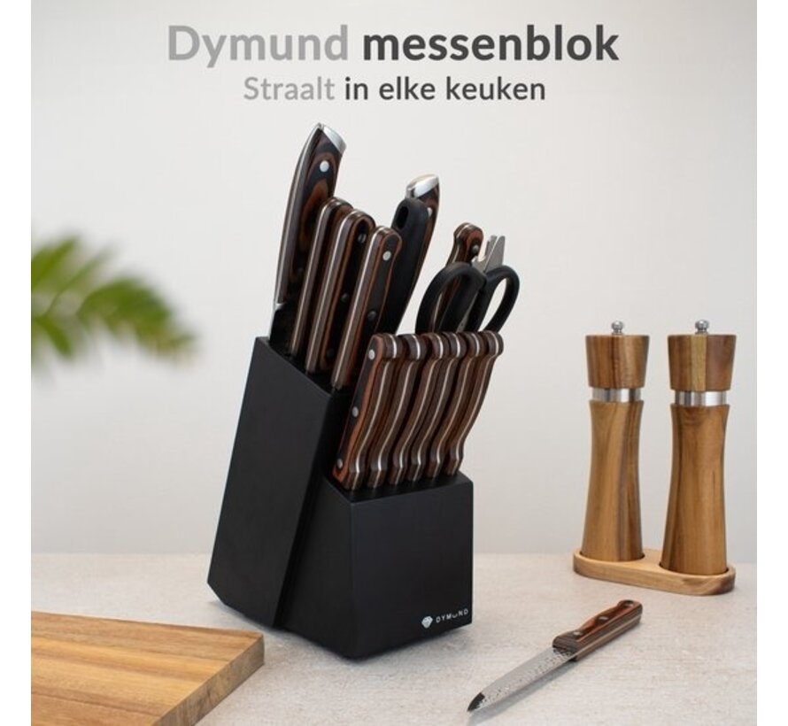 Dymund Bloc à couteaux - pour 13 couteaux, 1 pierre à aiguiser et 1 ciseau de cuisine - Durable - Universel - Noir