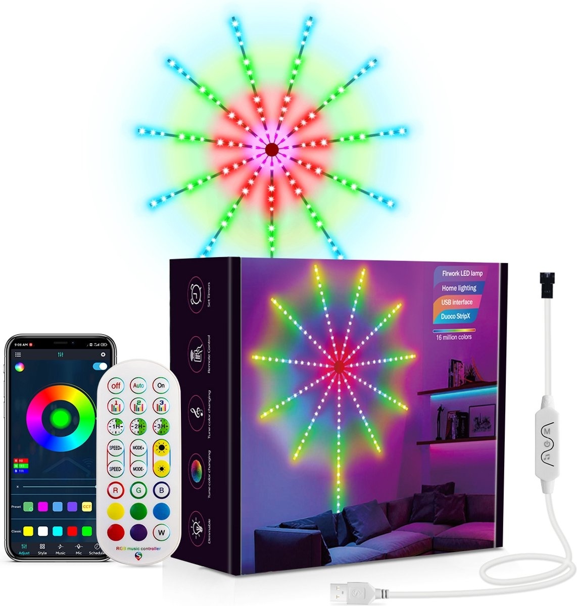 Lampe LED feux d'artifice - Fuegobird - Bande LED - Eclairage de fête - Lampe de discothèque - Décoration Halloween - Décoration Nouvel An - Décoration Noël - Décoration Bar - Décoration Maison - Avec télécommande