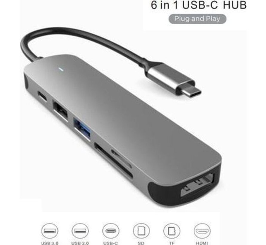 Fuegobird 6 in 1 USB-C HUB - USB3.0 + SD/TF + HDMI + USB-C - Voyant lumineux