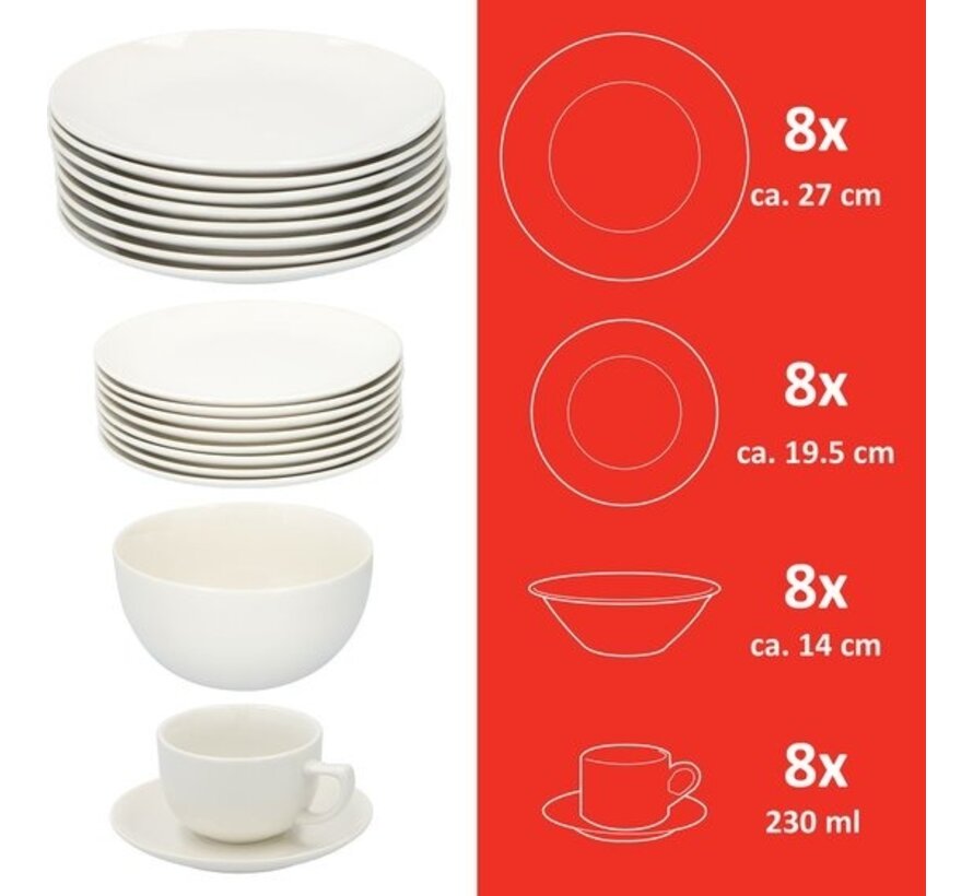 Service de vaisselle - Alpina - Ensemble de vaiselle - Service de vaisselle 40 pièces - 8 personnes - Convient au lave-vaisselle - Convient au micro-ondes - Blanc
