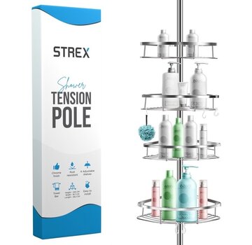 Strex Porte-douche télescopique Strex en acier inoxydable - réglable 70-275 cm - 4 paniers - qualité robuste - fixation sans perçage ni vis - Porte-douche télescopique d'angle