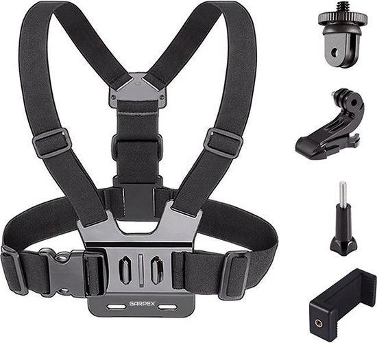 Garpex® Universal Chest strap Harnais de poitrine - Support de poitrine adapté à diverses caméras d'action et smartphones - Noir