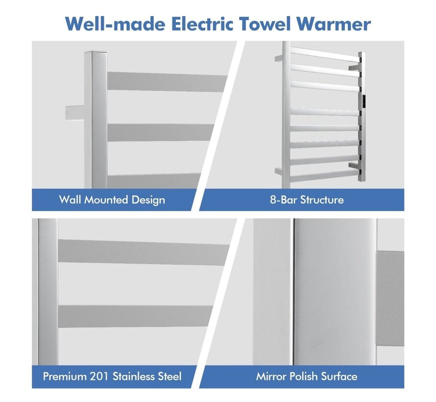 Chauffe-serviettes électrique Coast avec minuterie de 8 heures, protection contre la surchauffe et étanche 50 x 11 x 70 cm