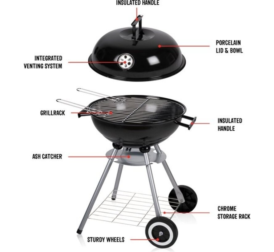 Barbecue au charbon de bois - BBQ Collection - Barbecue à boule - 45 x 60 centimètres - Barbecue rond - Barbecue sur roues - Noir - Métal