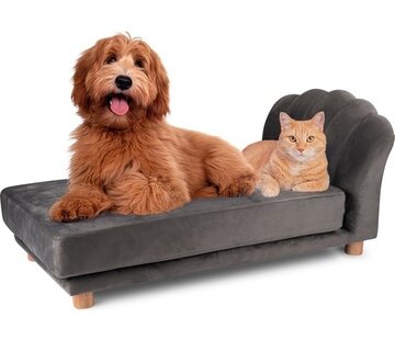 maxxpro Banc pour chien et chat - Gris - Surélevé avec pieds en bois - Matière velours - 90 x 44 x 34 cm - Animaux jusqu'à 80 KG