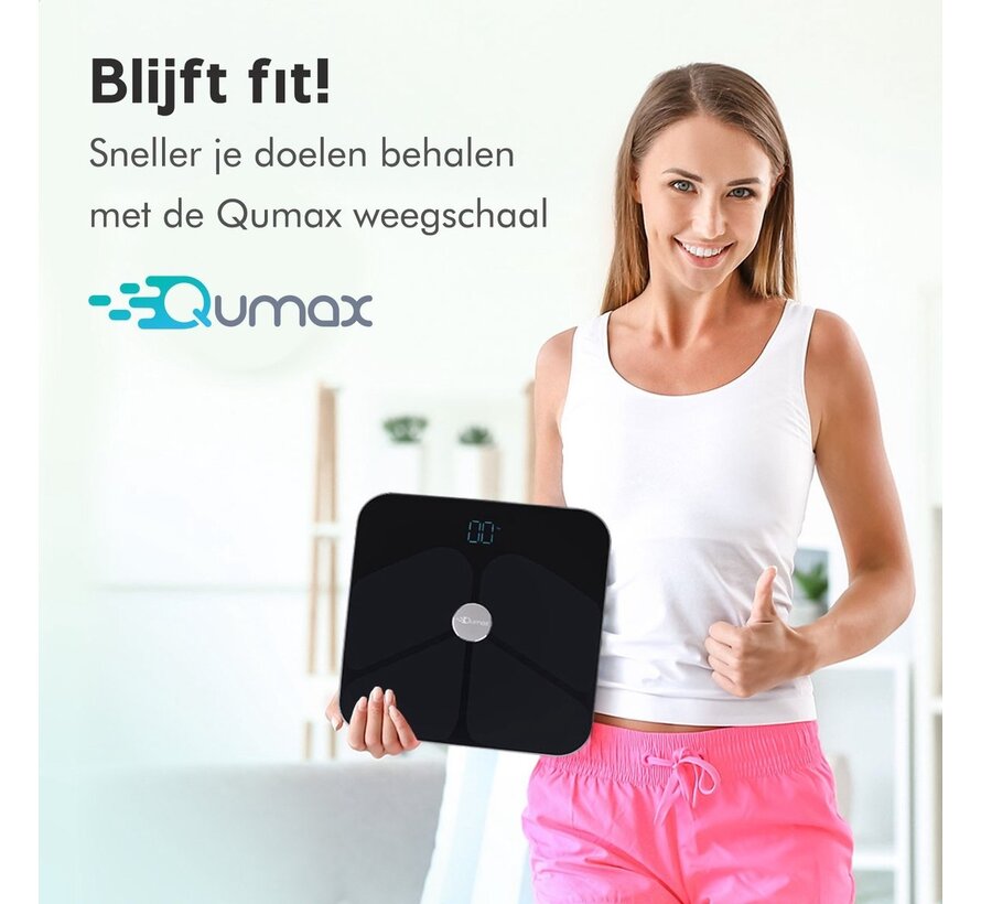 Qumax Smart Scale with Body Analysis - Pèse-personne avec application néerlandaise - Pèse-personne numérique avec 11 fonctions de mesure - Antidérapant - Noir
