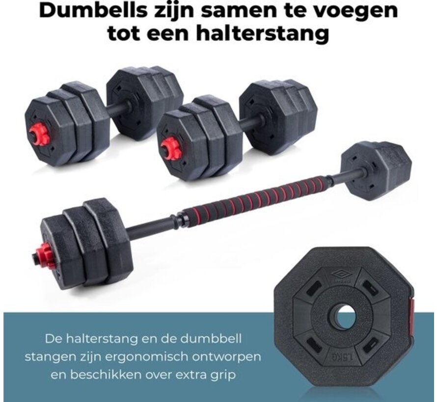 Umbro Dumbbell Set - 19 Pieces - Barbell and Dumbells - Weights of 1.25 KG, 1.5KG and 2KG - Dumbbells and Connecting Bar - Plastic - Black/Red