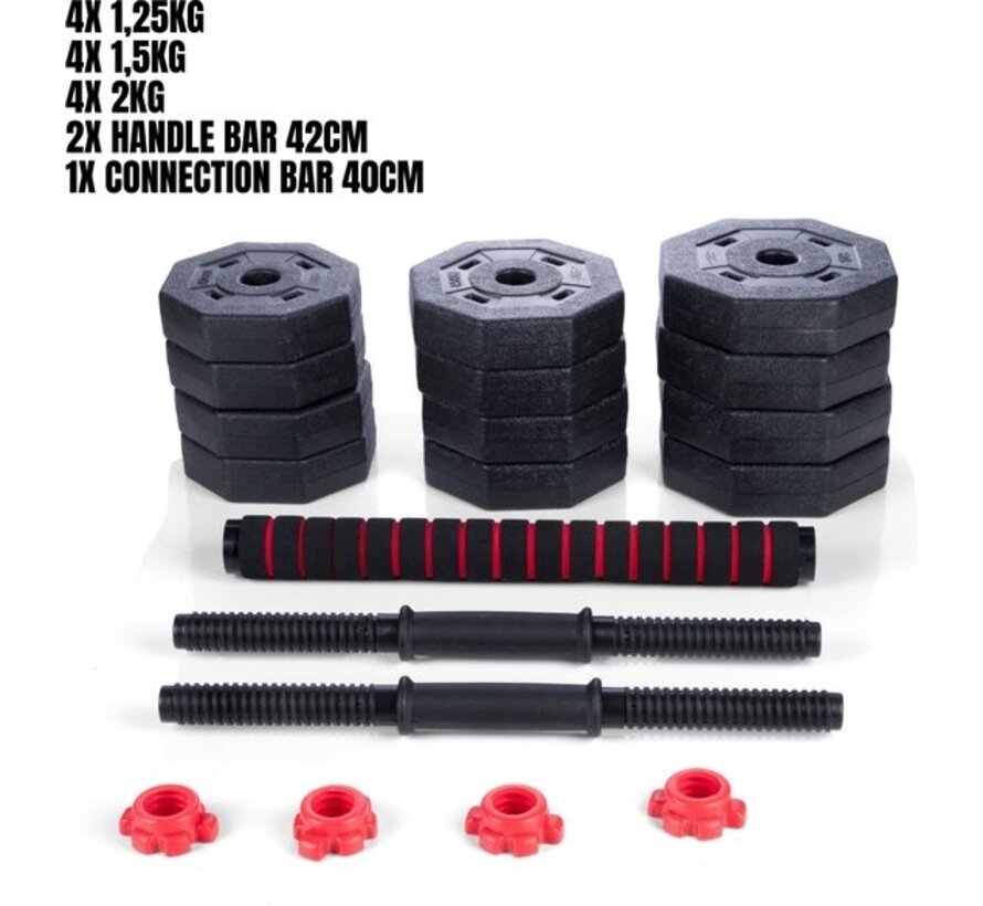 Umbro Dumbbell Set - 19 Pieces - Barbell and Dumbells - Weights of 1.25 KG, 1.5KG and 2KG - Dumbbells and Connecting Bar - Plastic - Black/Red