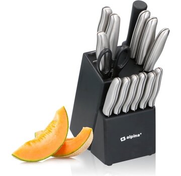 Alpina alpina Knife Block 15-Piece - 12 Knives - 1 Sharpening steel -1 Scissors with Non-stick coating - stainless steel