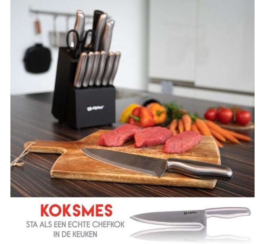 alpina Knife Block 15-Piece - 12 Knives - 1 Sharpening steel -1 Scissors with Non-stick coating - stainless steel
