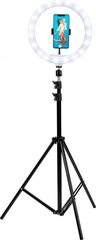 Anneau lumineux - Grundig - Éclairage circulaire - Lampe annulaire - Éclairage annulaire -avec trépied et support de téléphone - réglable jusqu'à 195 cm - convient pour TikTok et YouTube - 3 modes d'éclairage