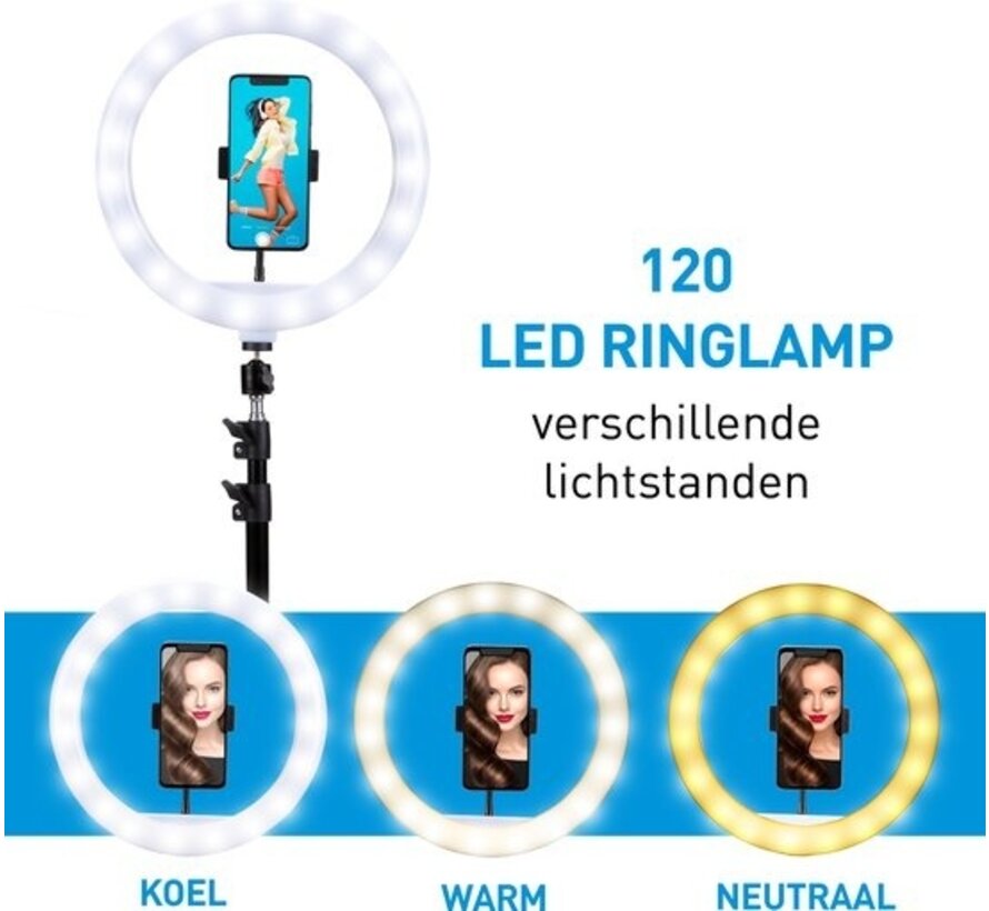 Anneau lumineux - Grundig - Éclairage circulaire - Lampe annulaire - Éclairage annulaire -avec trépied et support de téléphone - réglable jusqu'à 195 cm - convient pour TikTok et YouTube - 3 modes d'éclairage