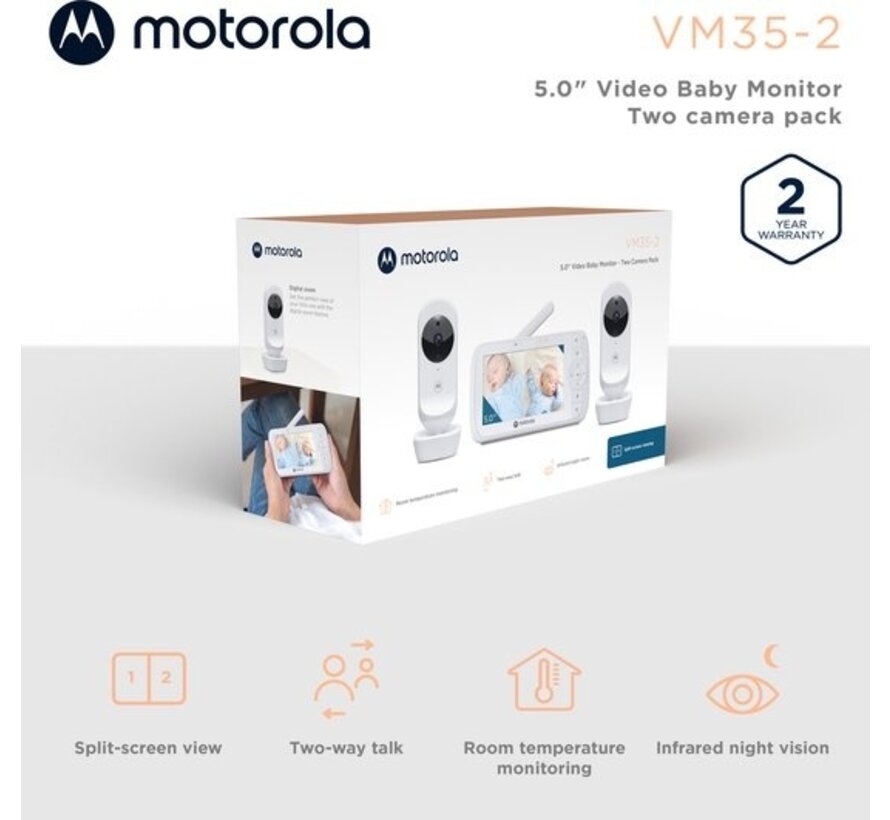 Motorola Nursery VM35-2 - Baby Monitor avec écran divisé de 5 pouces et 2 caméras - Vision nocturne - Microphone intégré