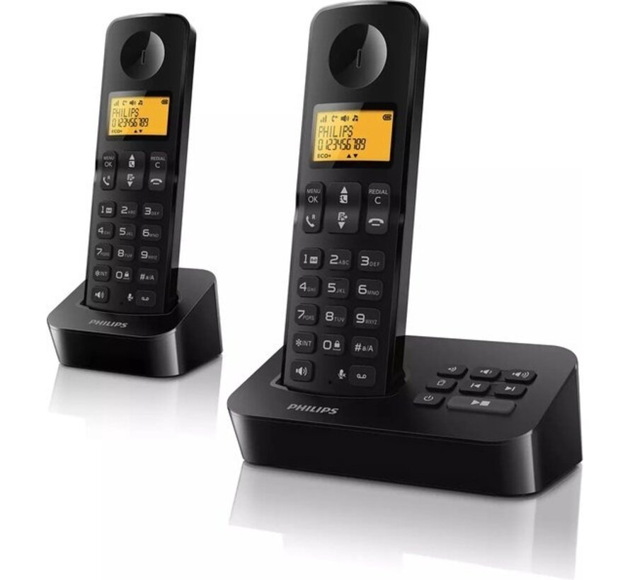 Philips Cordless Phone D2652B/01 Dual - Téléphone résidentiel avec répondeur - Écran de 1,6 pouce - Répertoire - Reconnaissance des numéros - Numérotation rapide - Noir