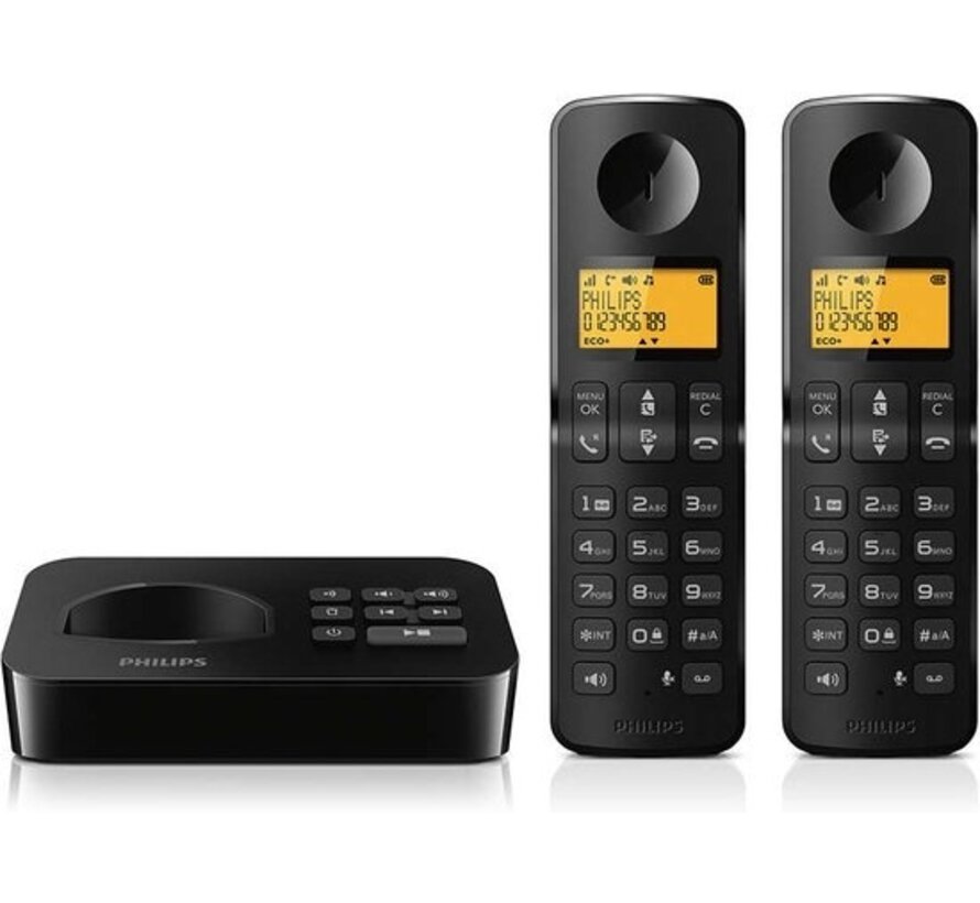 Philips Cordless Phone D2652B/01 Dual - Téléphone résidentiel avec répondeur - Écran de 1,6 pouce - Répertoire - Reconnaissance des numéros - Numérotation rapide - Noir