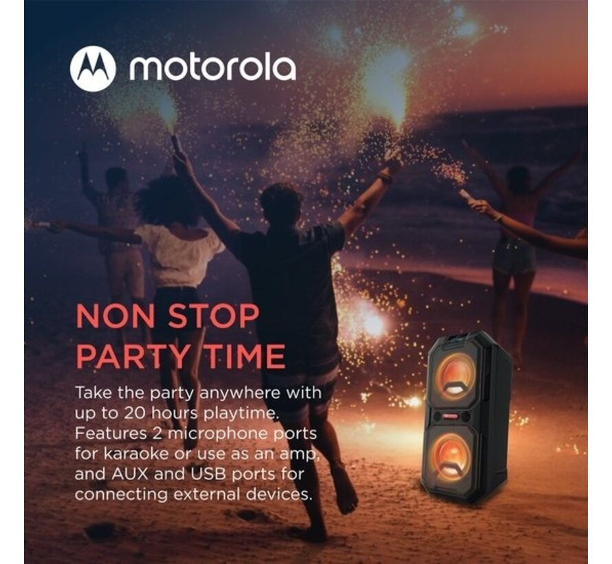 Haut-parleur Bluetooth Motorola Sound - ROKR 820 - 80W - Sans fil - avec éclairage LED - Technologie True Wireless - Microphone Karaoke inclus - Jusqu'à 20 heures d'autonomie - Entrées multiples : AUX/USB/MIC