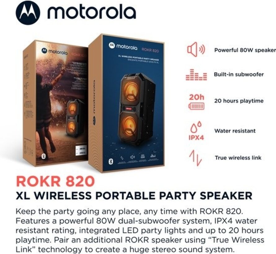Haut-parleur Bluetooth Motorola Sound - ROKR 820 - 80W - Sans fil - avec éclairage LED - Technologie True Wireless - Microphone Karaoke inclus - Jusqu'à 20 heures d'autonomie - Entrées multiples : AUX/USB/MIC