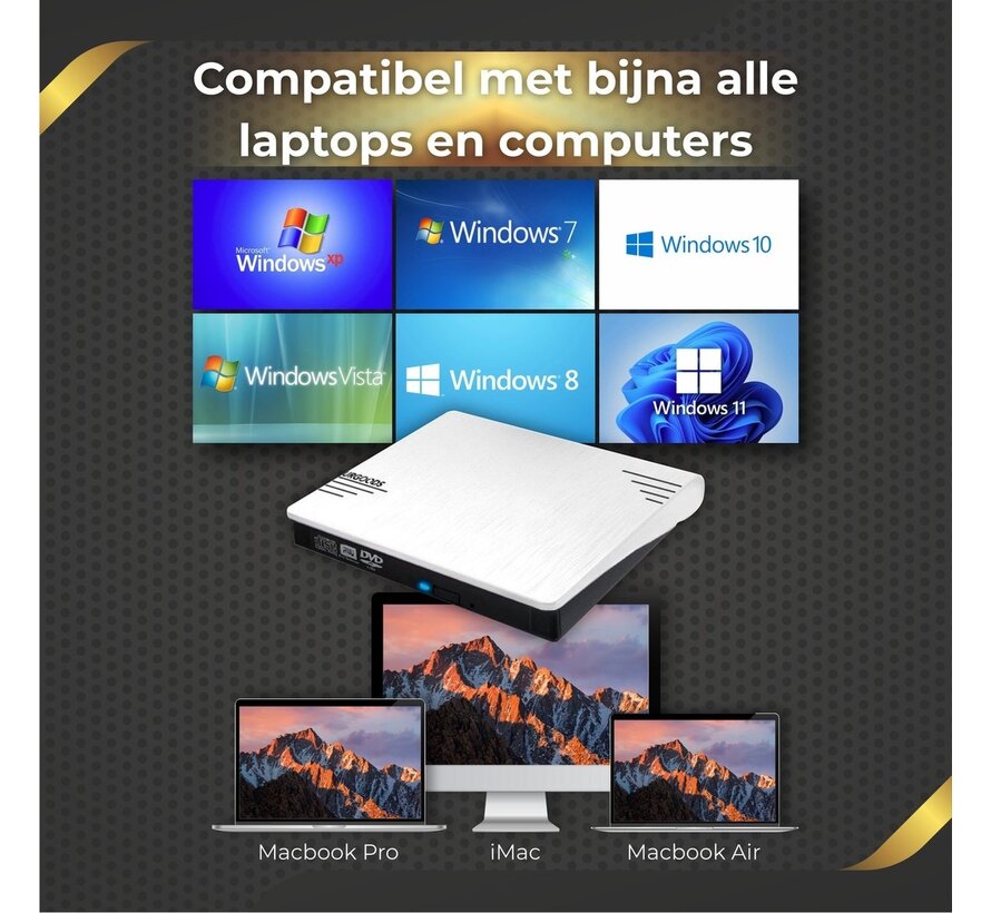 Lecteur DVD externe pour ordinateur portable Blanc - Graveur DVD externe - Windows et Mac - USB 3.0 et C