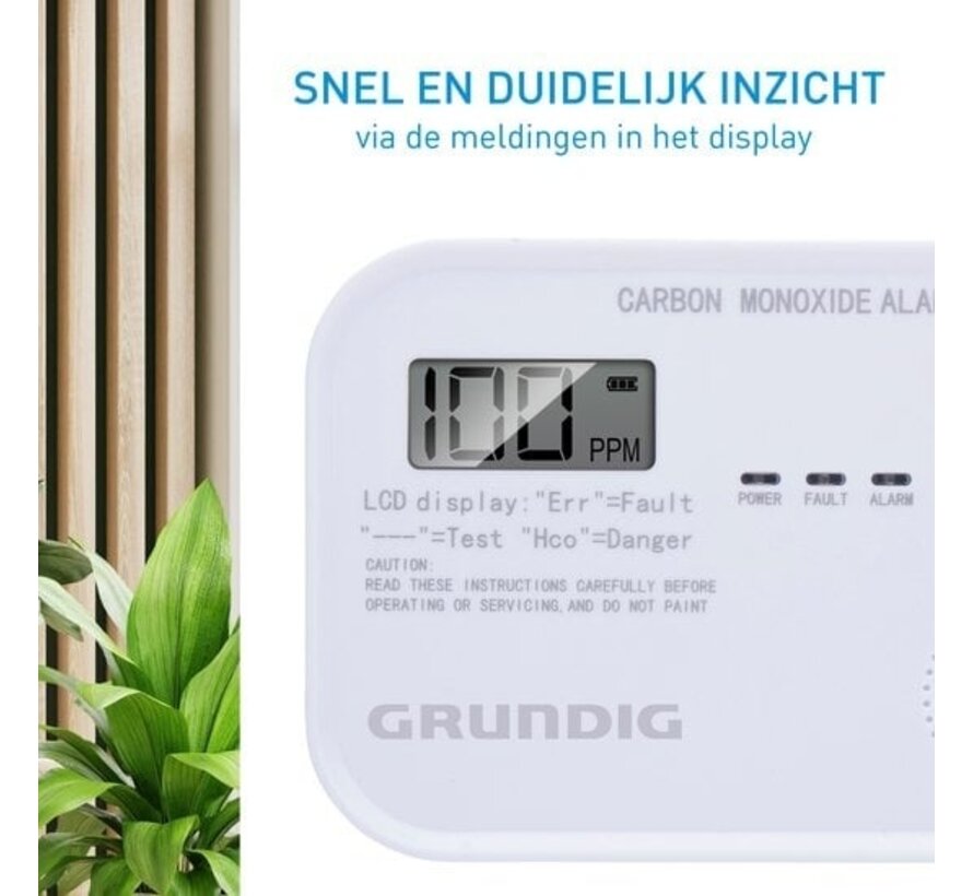 Détecteur de CO Grundig - Détecteur de monoxyde de carbone très sensible - Écran LCD - Capteur 10 ans - Blanc