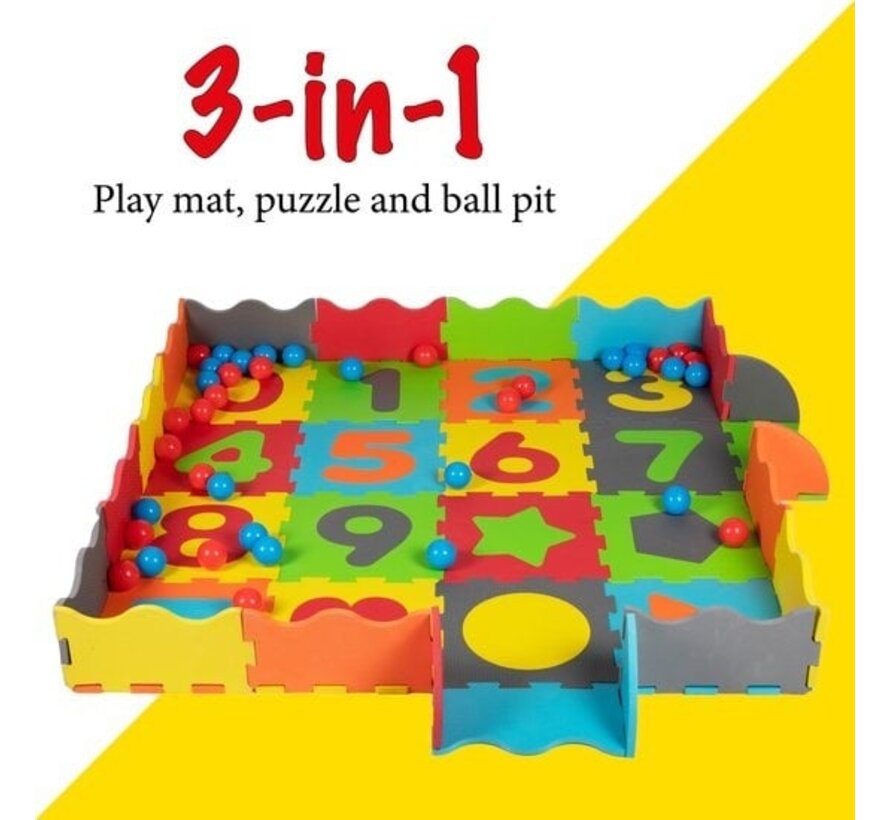 Let's Play Play Set - 3 en 1 : Tapis de jeu, puzzle et bac à balles - Caoutchouc mousse - 40 balles