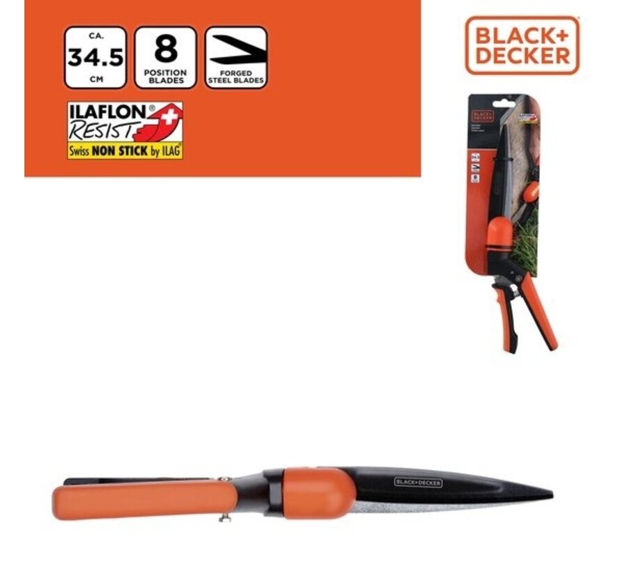 BLACK+DECKER Ciseaux à herbe - Coupe-herbe 34.5CM - Lames de coupe anti-adhésives - Ilaflon Resist et Swiss Non-Stick - Lame en acier forgé - Noir/Orange