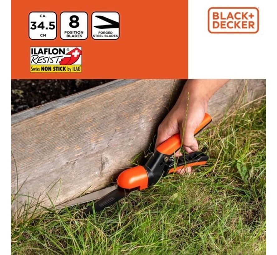 BLACK+DECKER Ciseaux à herbe - Coupe-herbe 34.5CM - Lames de coupe anti-adhésives - Ilaflon Resist et Swiss Non-Stick - Lame en acier forgé - Noir/Orange